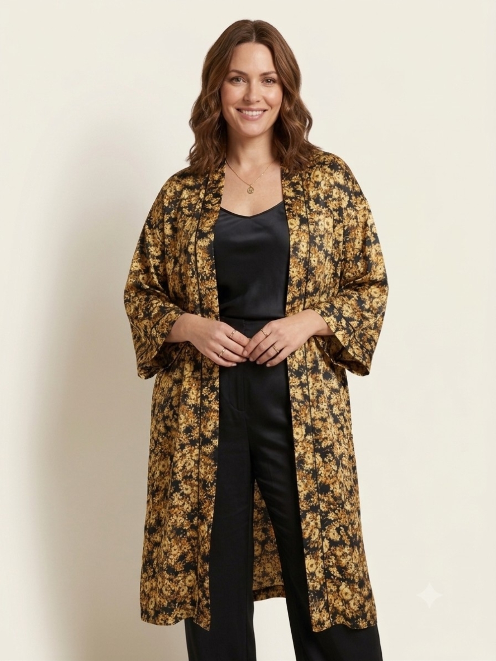 Nordstrom Treasure & Bond Black and Gold Floral Satin Duster Kimono
